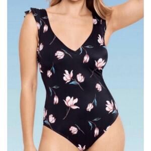 Beach Betty Black Slimming Floral Ruffle Sleeve One Piece Swimsuit, L